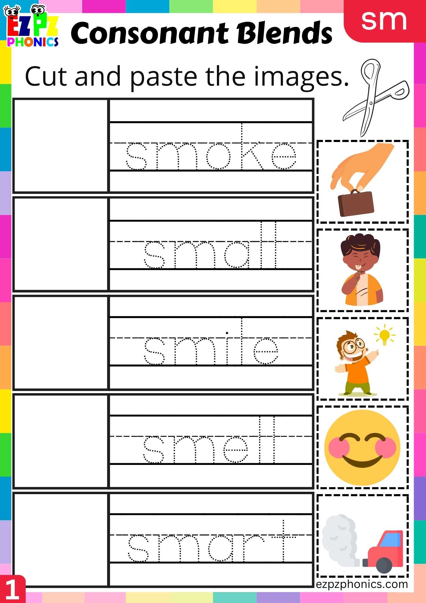 Group1 SM Words Cut And Paste The Images Phonics Consonant Blends Worksheet